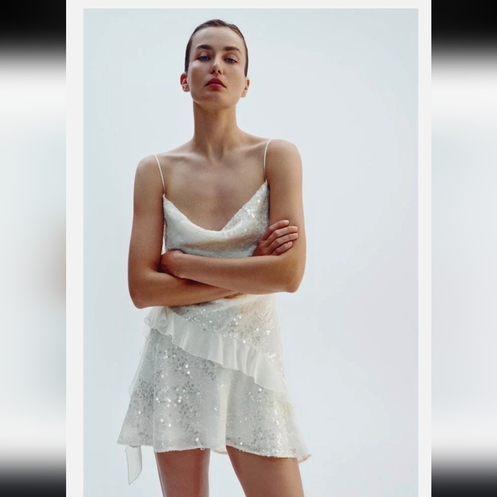 Zara sequin white ruffle mini dress Elegant White Sequin Dress . New